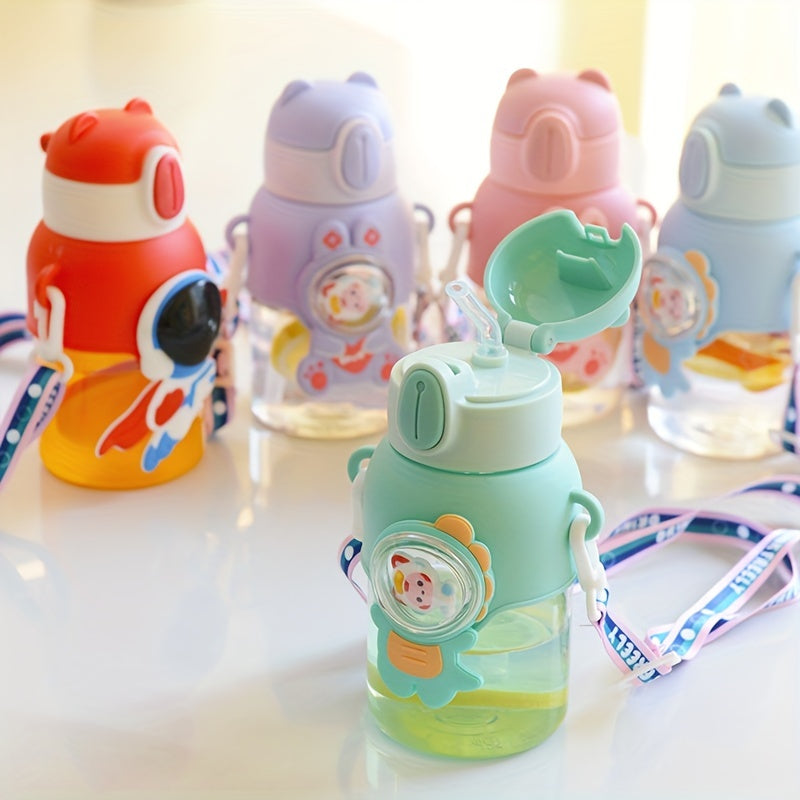1pc 600ml/20oz Cute Cartoon Leak-Resistant Outdoor Water Bottle with Straw and Carrying Strap - Portable, BPA-Free, Durable, Easy-to-Clean Design for School, Travel, Sports, and Daily Use