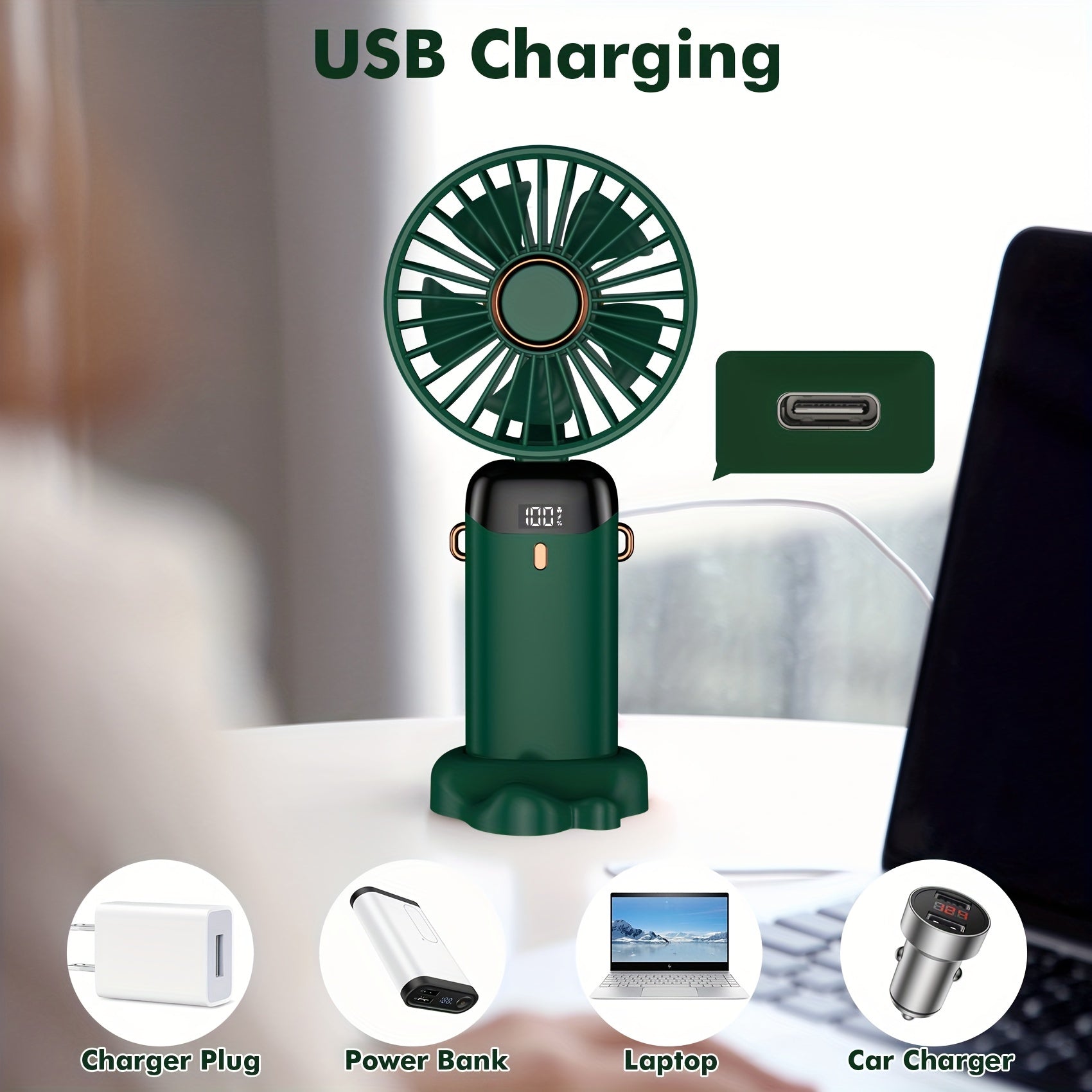 1pc Compact Handheld Fan - USB Rechargeable, 5-Speed, Foldable Design with LED Display - Ideal for Office, Outdoor Travel, & Back to School