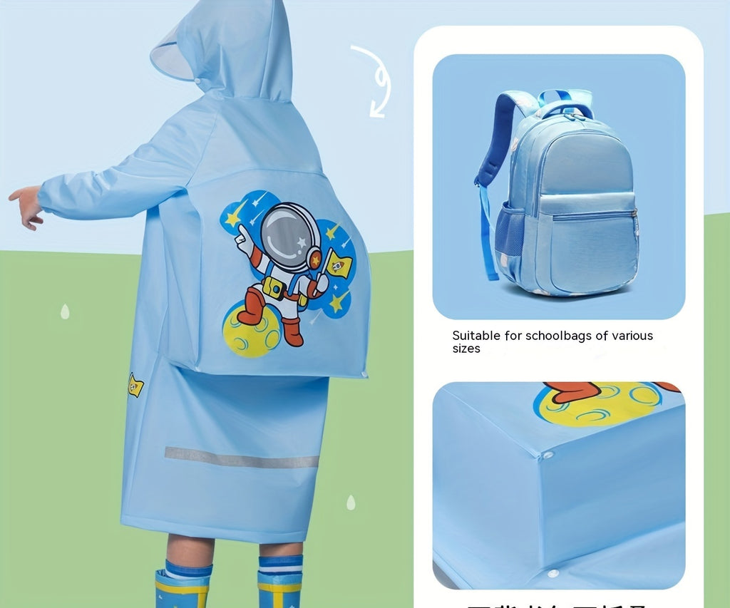 Girls' Cute Cartoon Rabbit Print Hooded Raincoat with Backpack Pocket - All-Season High Quality Jacket, Loose Fit Long Sleeve Pink Rain Gear for Outdoor Play, School & Parties