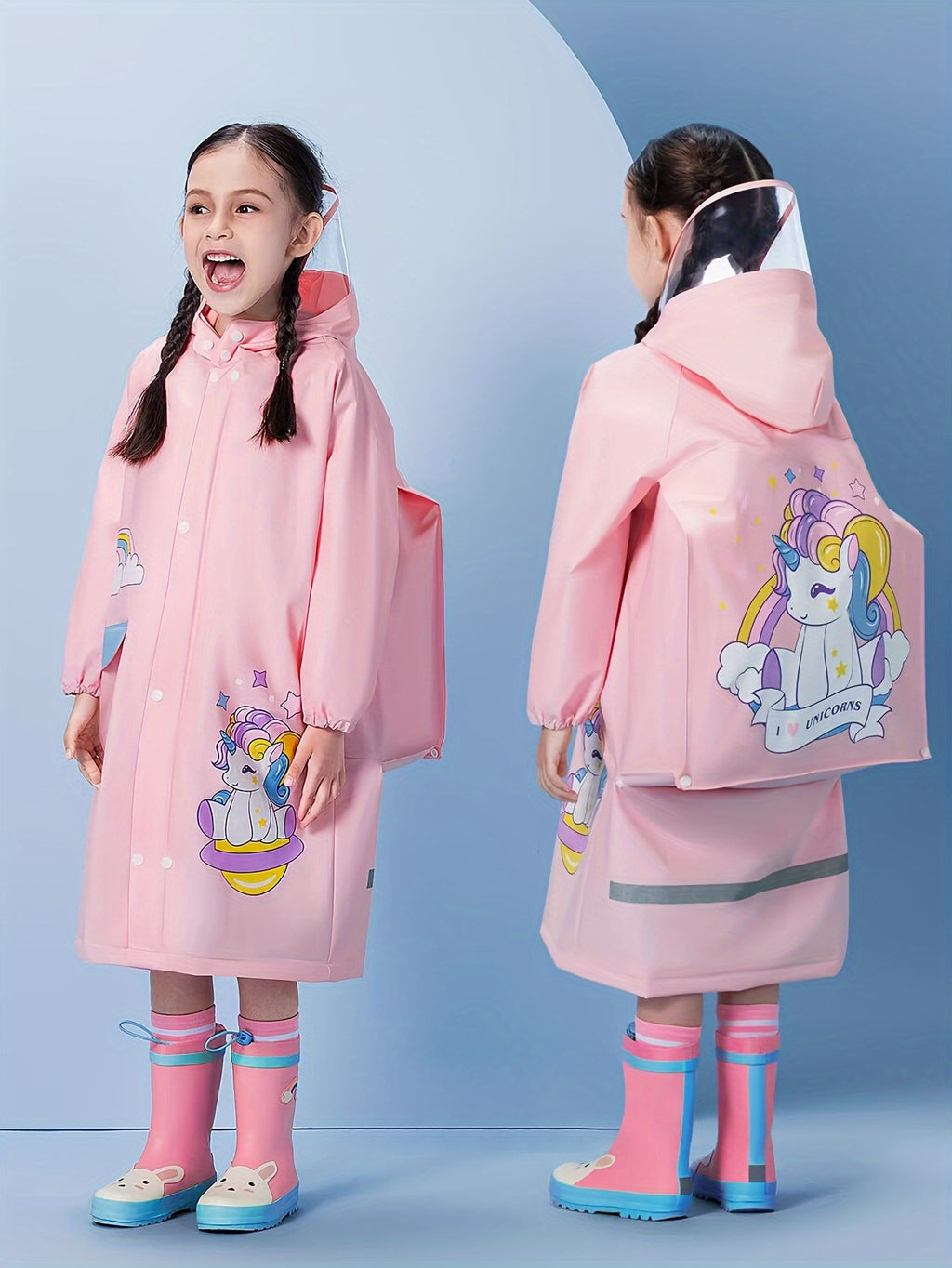 Girls' Cute Cartoon Rabbit Print Hooded Raincoat with Backpack Pocket - All-Season High Quality Jacket, Loose Fit Long Sleeve Pink Rain Gear for Outdoor Play, School & Parties
