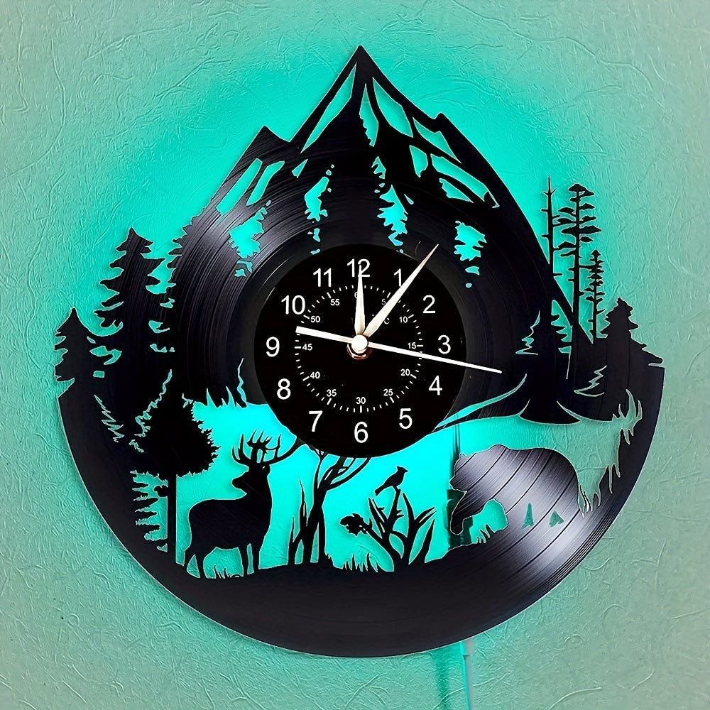 1pc Vinyl Record Wall Clock, Forest Wildlife Theme Wall Clock, Silent Clock, For Birthday, For Living Room Bedroom, Room Home Decor, Kitchen Office Decor, Mother's Day Spring School Season Graduation Gift