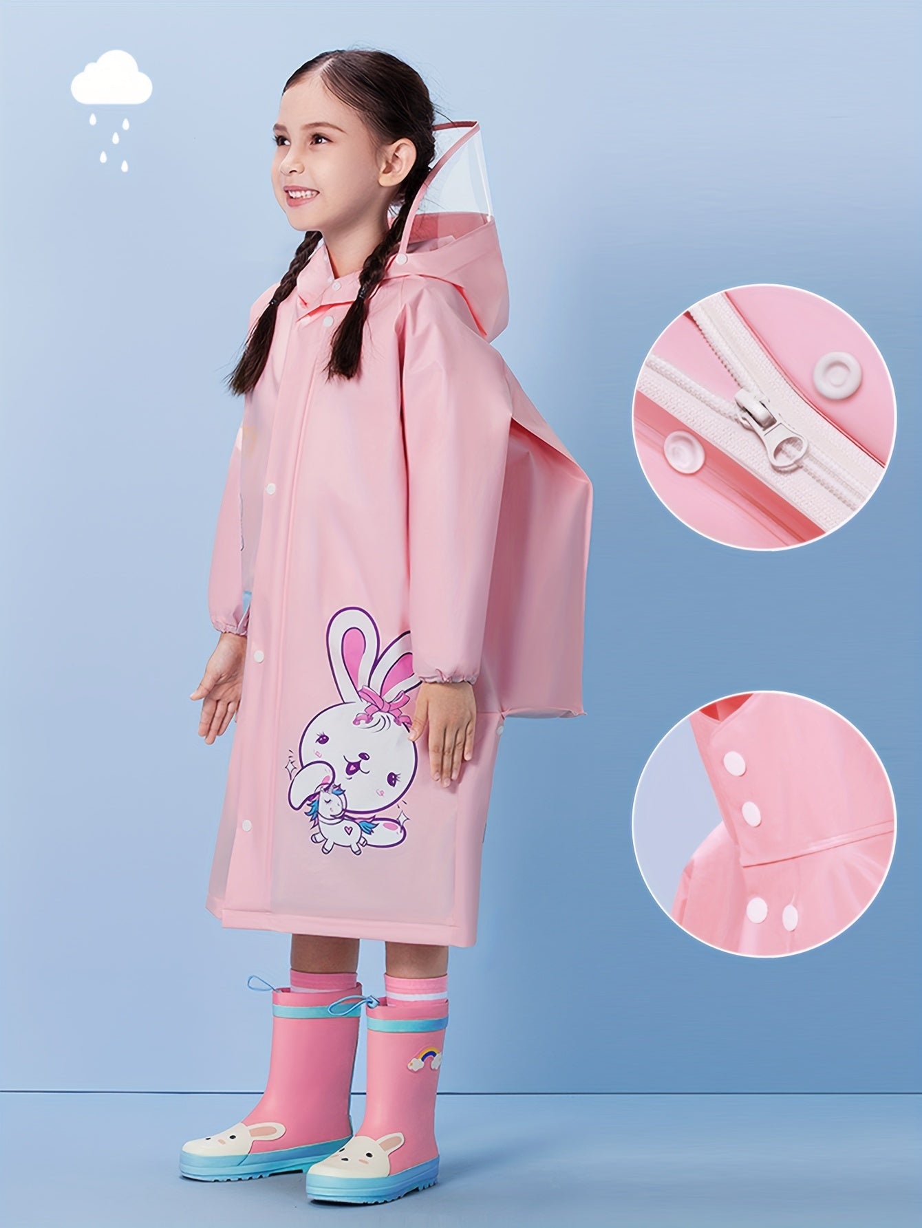 Girls' Cute Cartoon Rabbit Print Hooded Raincoat with Backpack Pocket - All-Season High Quality Jacket, Loose Fit Long Sleeve Pink Rain Gear for Outdoor Play, School & Parties