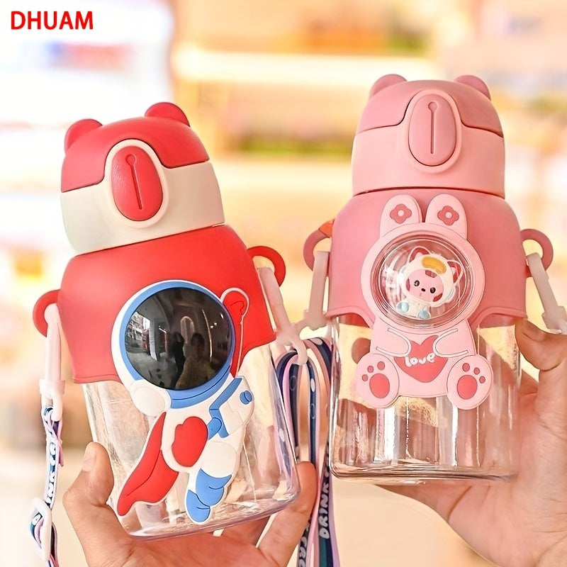 1pc 600ml/20oz Cute Cartoon Leak-Resistant Outdoor Water Bottle with Straw and Carrying Strap - Portable, BPA-Free, Durable, Easy-to-Clean Design for School, Travel, Sports, and Daily Use