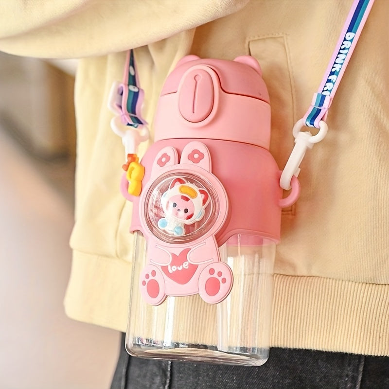 1pc 600ml/20oz Cute Cartoon Leak-Resistant Outdoor Water Bottle with Straw and Carrying Strap - Portable, BPA-Free, Durable, Easy-to-Clean Design for School, Travel, Sports, and Daily Use