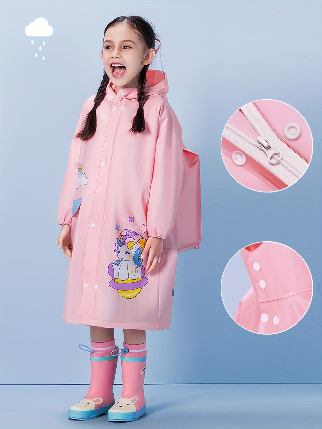Girls' Cute Cartoon Rabbit Print Hooded Raincoat with Backpack Pocket - All-Season High Quality Jacket, Loose Fit Long Sleeve Pink Rain Gear for Outdoor Play, School & Parties