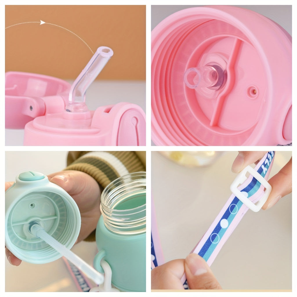 1pc 600ml/20oz Cute Cartoon Leak-Resistant Outdoor Water Bottle with Straw and Carrying Strap - Portable, BPA-Free, Durable, Easy-to-Clean Design for School, Travel, Sports, and Daily Use