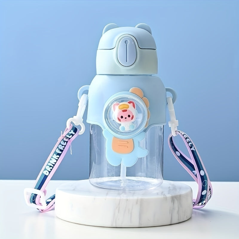 1pc 600ml/20oz Cute Cartoon Leak-Resistant Outdoor Water Bottle with Straw and Carrying Strap - Portable, BPA-Free, Durable, Easy-to-Clean Design for School, Travel, Sports, and Daily Use