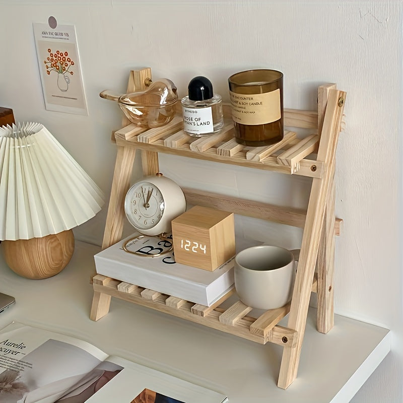 1pc Wooden Storage Shelf, 2-Tiers Desktop Organizer Shelves, Trapezoidal Desk Display Rack, Desktop Stationary Office Storage Rack, Stylish Decoration For Dorm, Home, School, Office, Etc Desk Storage Organization