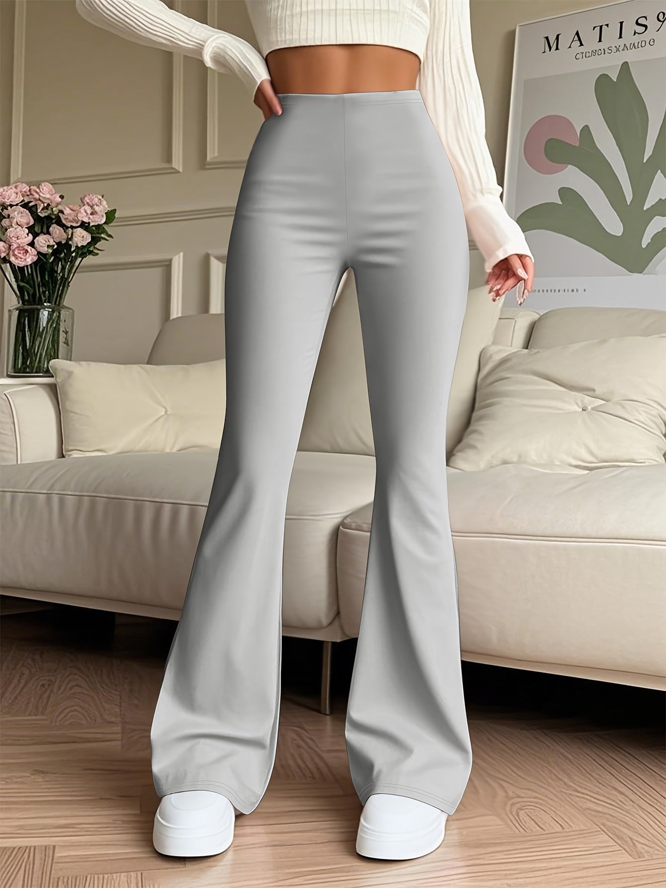 Women's High-Waisted Flared Pants - Solid Color High Elasticity Trousers, All-Season Comfort & Machine Washable, Versatile Casual & Formal Wear for Office, Errands, Social Gatherings, Ladies Pants