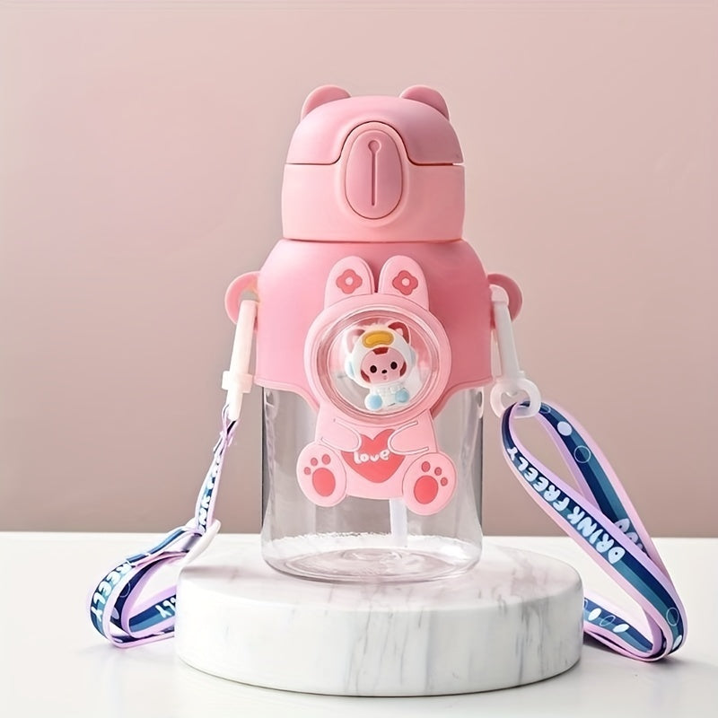 1pc 600ml/20oz Cute Cartoon Leak-Resistant Outdoor Water Bottle with Straw and Carrying Strap - Portable, BPA-Free, Durable, Easy-to-Clean Design for School, Travel, Sports, and Daily Use