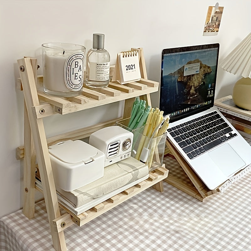1pc Wooden Storage Shelf, 2-Tiers Desktop Organizer Shelves, Trapezoidal Desk Display Rack, Desktop Stationary Office Storage Rack, Stylish Decoration For Dorm, Home, School, Office, Etc Desk Storage Organization