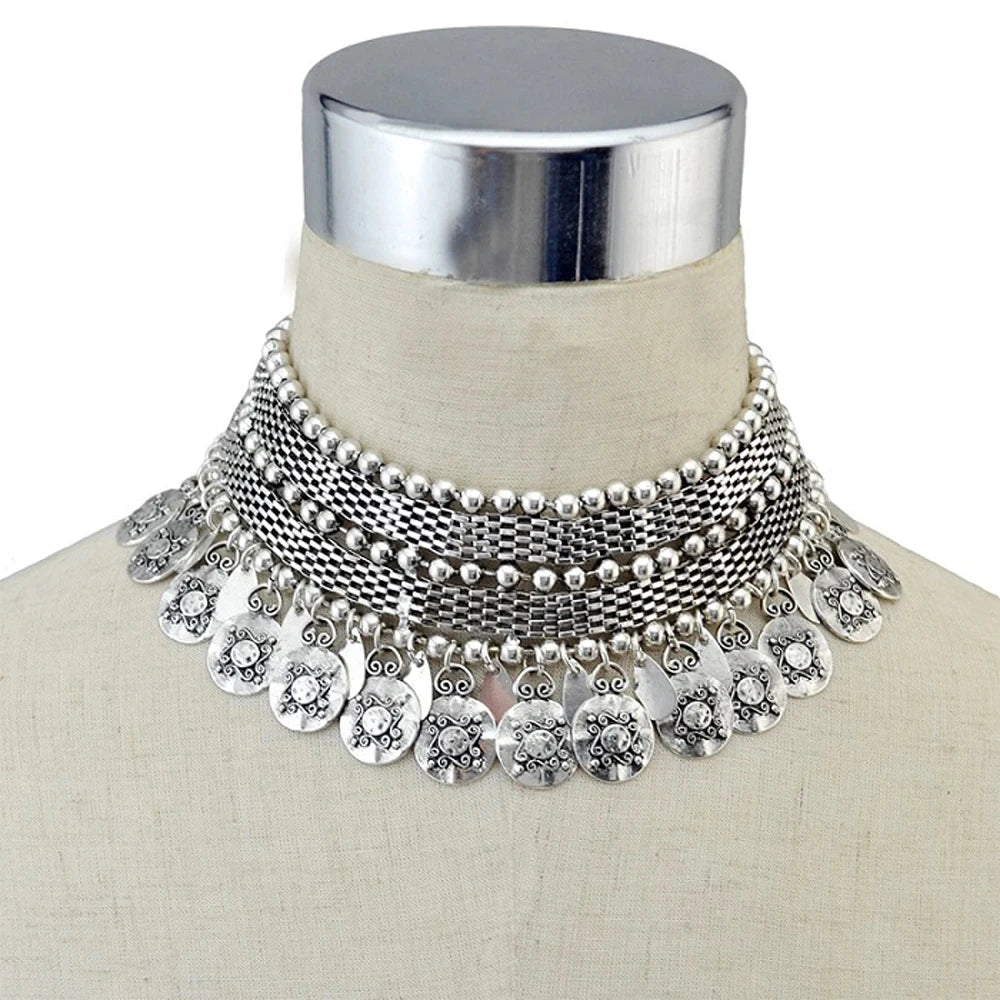 Turkish Ethnic Coin Choker Necklace Earrings for Women Vintage Gypsy Indian Afghan Dress Collar Statement Jewelry Sets