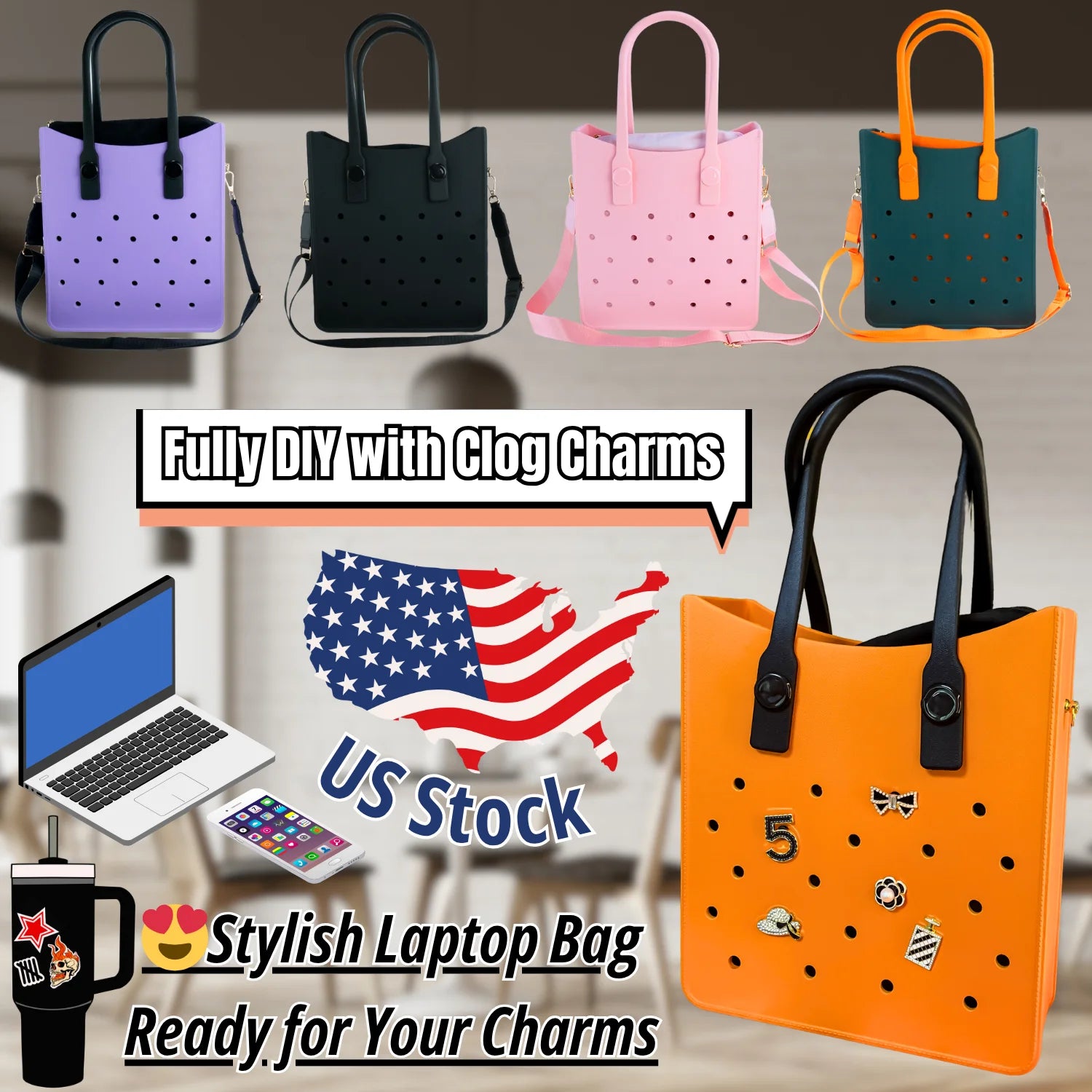 Lady EVA Tote Bag with Punch Holes Lightweight Waterproof Casual Fashion Handbag for Clog Bag Charm Travel Beach Bag Handbags