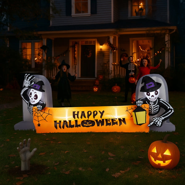 9.6FT Large Halloween Inflatable Decorations Skeleton Tombstone Banner, Outdoor Decorations Blow Up Yard Decor with Built-in LEDs for Halloween Holiday Party Outdoor Garden Yard Lawn Decor