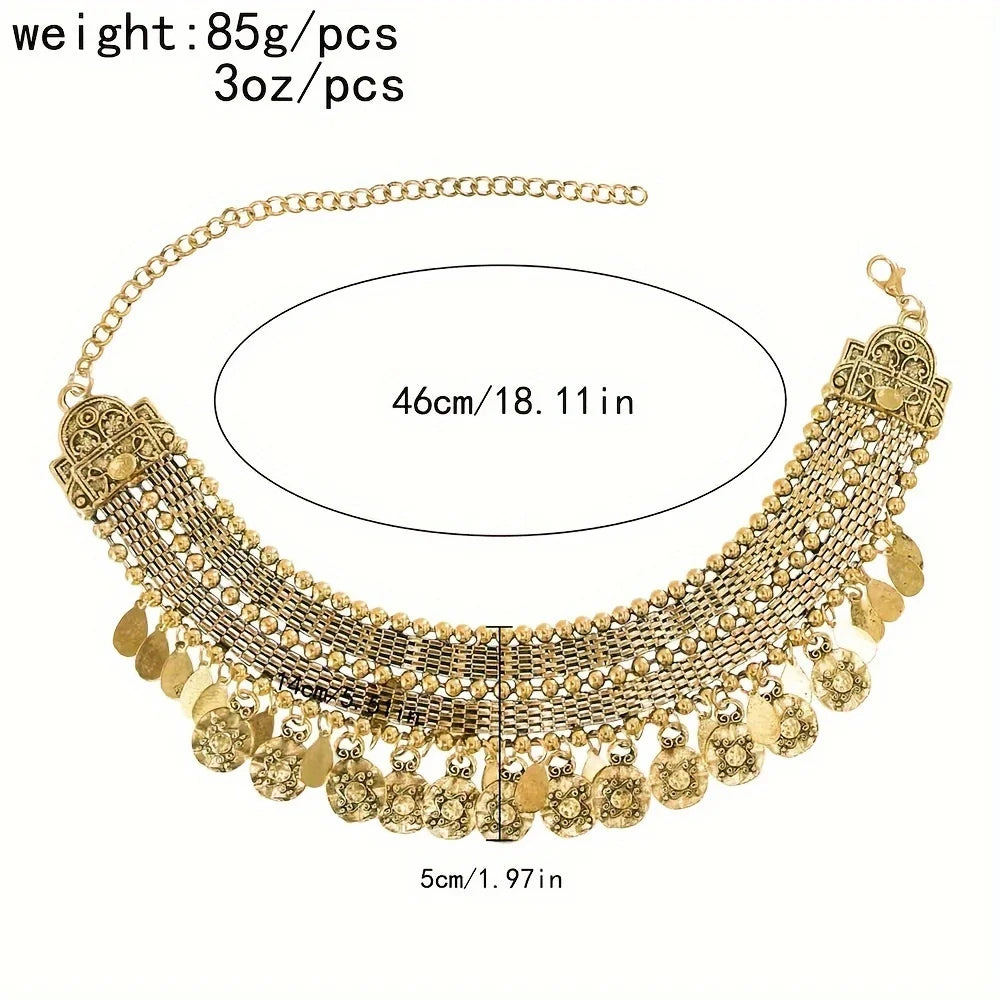 Turkish Ethnic Coin Choker Necklace Earrings for Women Vintage Gypsy Indian Afghan Dress Collar Statement Jewelry Sets