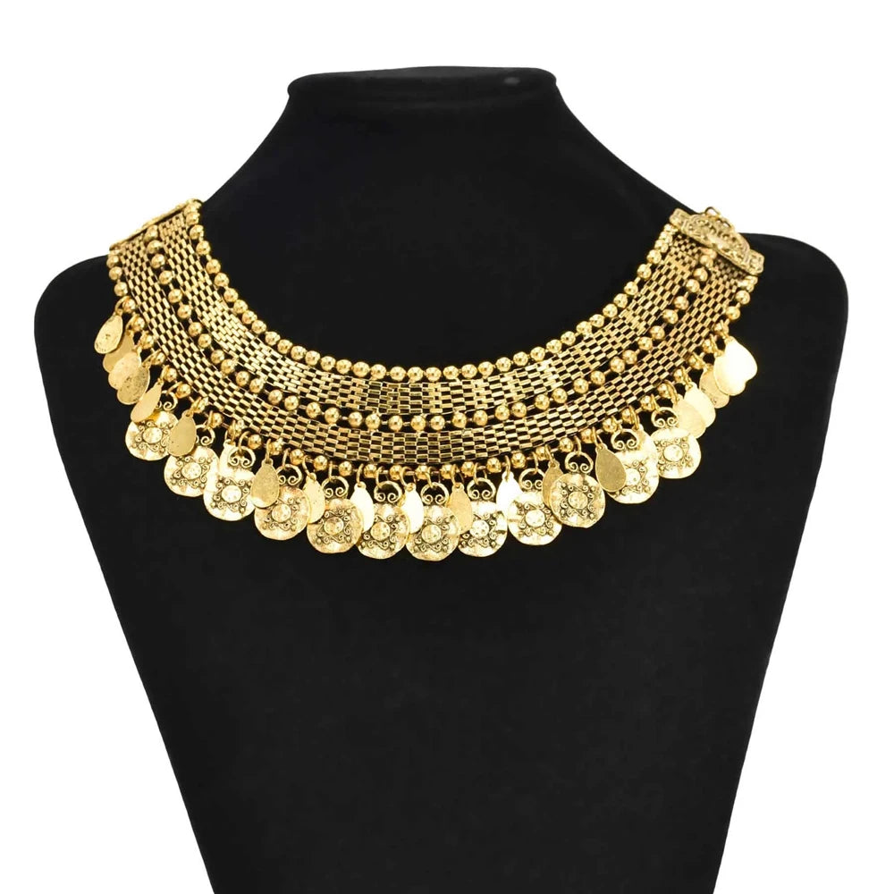 Turkish Ethnic Coin Choker Necklace Earrings for Women Vintage Gypsy Indian Afghan Dress Collar Statement Jewelry Sets