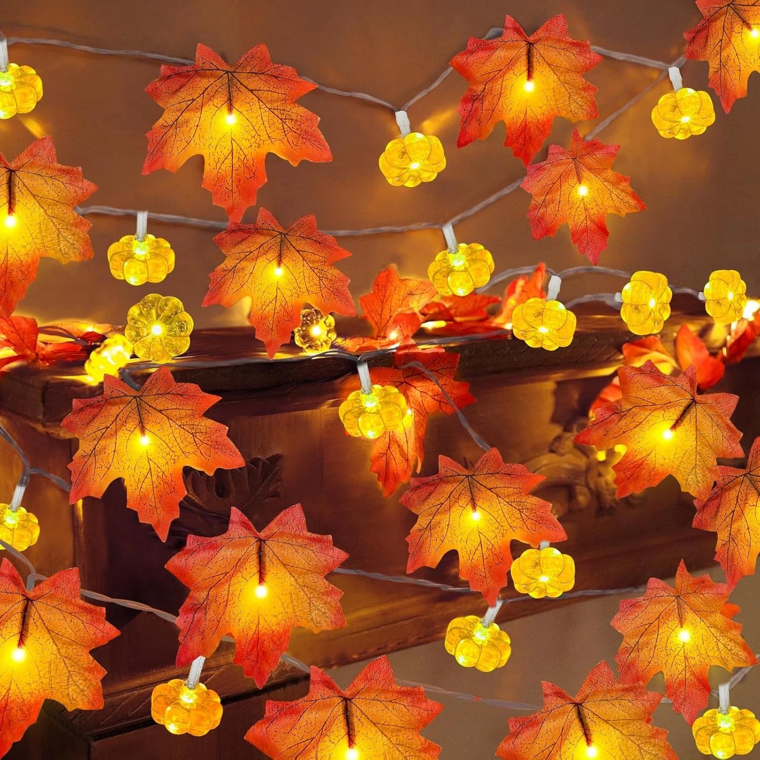 1pc Halloween 3D Pumpkin & Maple Leaves String Lights Decorative Lamp For Home Thanksgiving Harvest Autumn Indoor Festival Decor