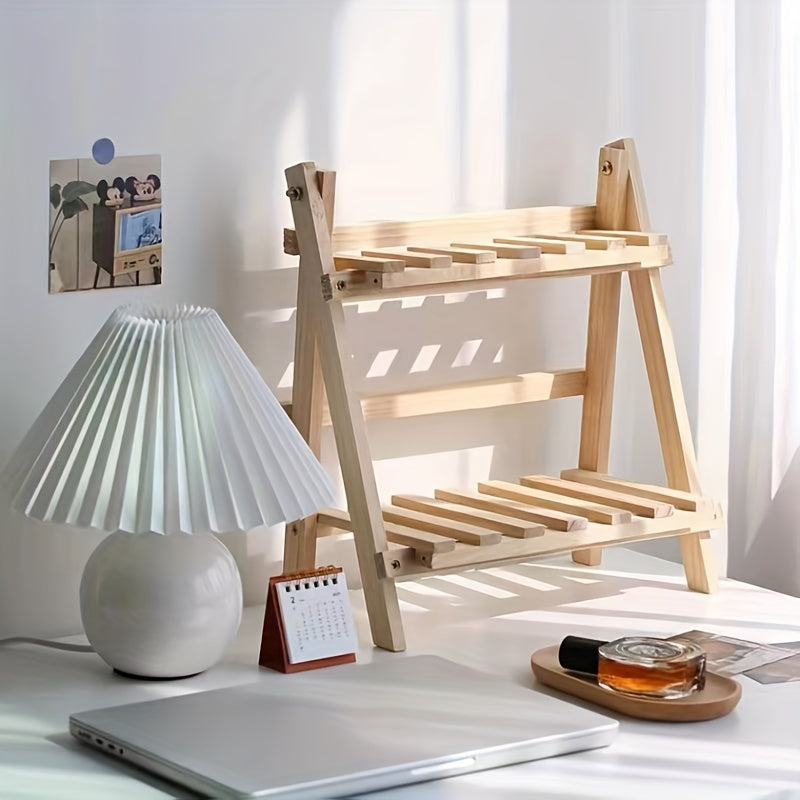 1pc Wooden Storage Shelf, 2-Tiers Desktop Organizer Shelves, Trapezoidal Desk Display Rack, Desktop Stationary Office Storage Rack, Stylish Decoration For Dorm, Home, School, Office, Etc Desk Storage Organization