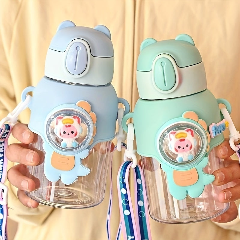 1pc 600ml/20oz Cute Cartoon Leak-Resistant Outdoor Water Bottle with Straw and Carrying Strap - Portable, BPA-Free, Durable, Easy-to-Clean Design for School, Travel, Sports, and Daily Use