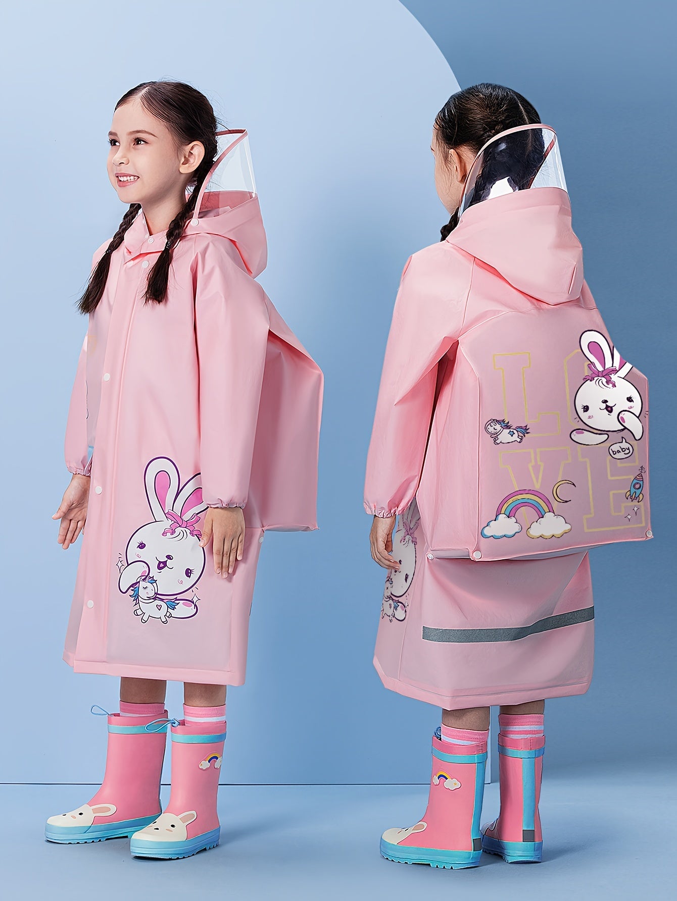 Girls' Cute Cartoon Rabbit Print Hooded Raincoat with Backpack Pocket - All-Season High Quality Jacket, Loose Fit Long Sleeve Pink Rain Gear for Outdoor Play, School & Parties