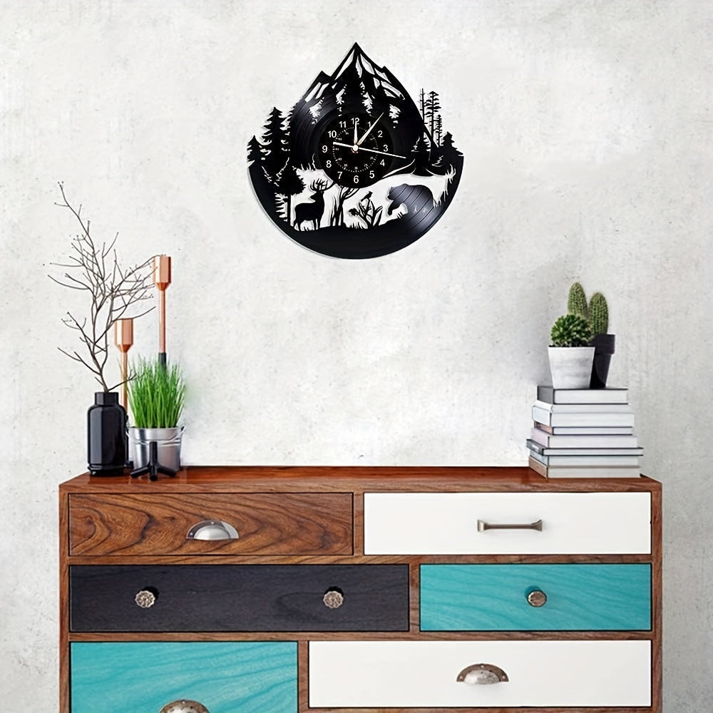 1pc Vinyl Record Wall Clock, Forest Wildlife Theme Wall Clock, Silent Clock, For Birthday, For Living Room Bedroom, Room Home Decor, Kitchen Office Decor, Mother's Day Spring School Season Graduation Gift