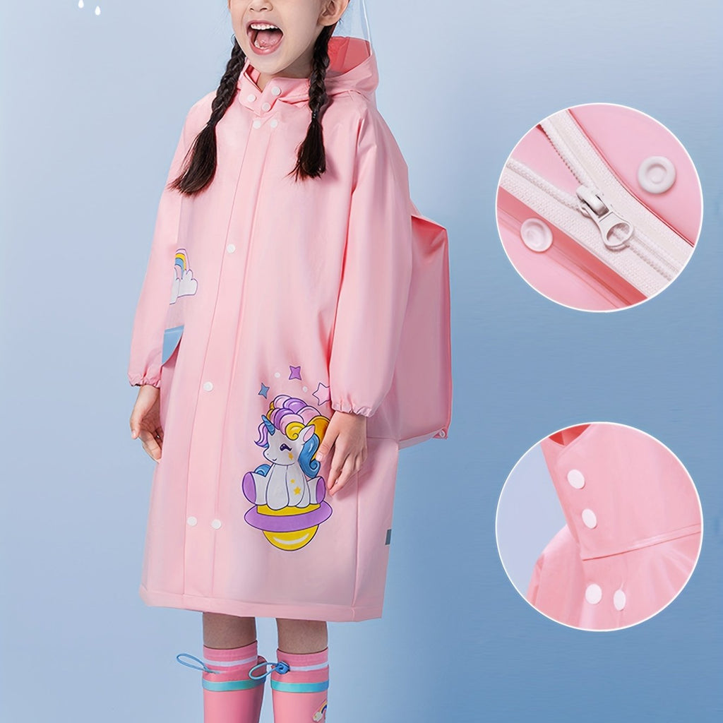 Girls' Cute Cartoon Rabbit Print Hooded Raincoat with Backpack Pocket - All-Season High Quality Jacket, Loose Fit Long Sleeve Pink Rain Gear for Outdoor Play, School & Parties