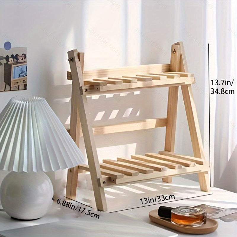 1pc Wooden Storage Shelf, 2-Tiers Desktop Organizer Shelves, Trapezoidal Desk Display Rack, Desktop Stationary Office Storage Rack, Stylish Decoration For Dorm, Home, School, Office, Etc Desk Storage Organization