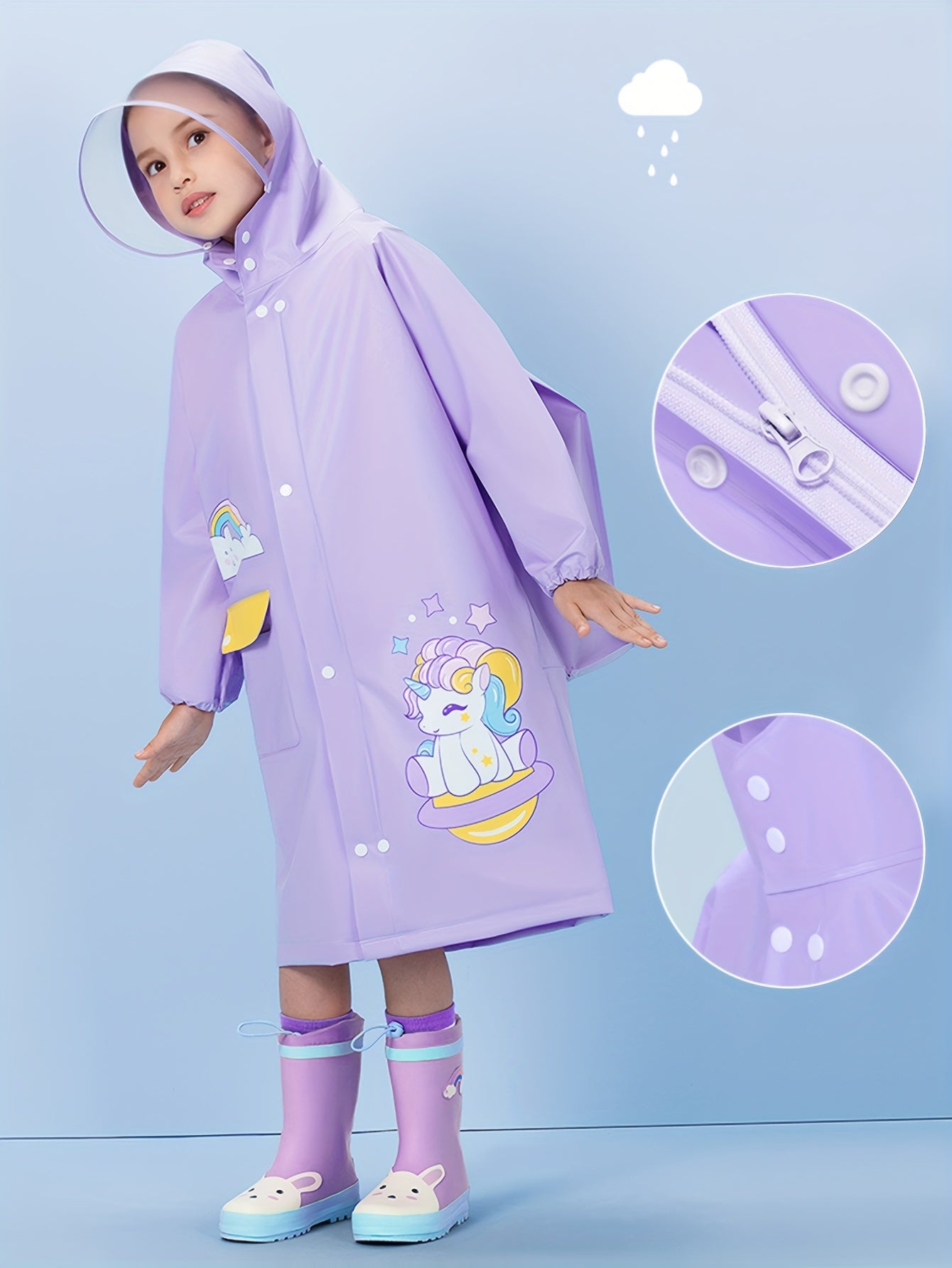 Girls' Cute Cartoon Rabbit Print Hooded Raincoat with Backpack Pocket - All-Season High Quality Jacket, Loose Fit Long Sleeve Pink Rain Gear for Outdoor Play, School & Parties