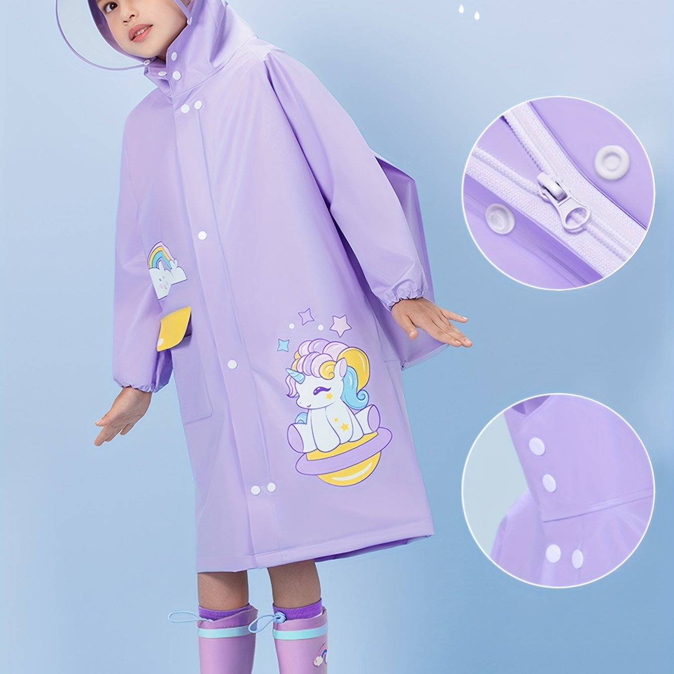 Girls' Cute Cartoon Rabbit Print Hooded Raincoat with Backpack Pocket - All-Season High Quality Jacket, Loose Fit Long Sleeve Pink Rain Gear for Outdoor Play, School & Parties