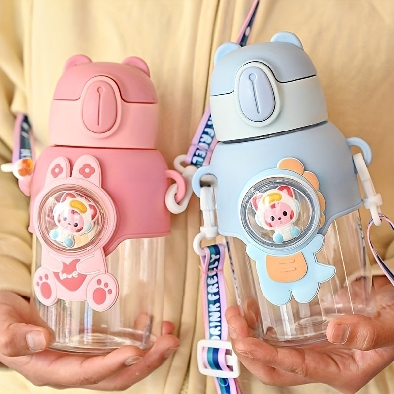 1pc 600ml/20oz Cute Cartoon Leak-Resistant Outdoor Water Bottle with Straw and Carrying Strap - Portable, BPA-Free, Durable, Easy-to-Clean Design for School, Travel, Sports, and Daily Use