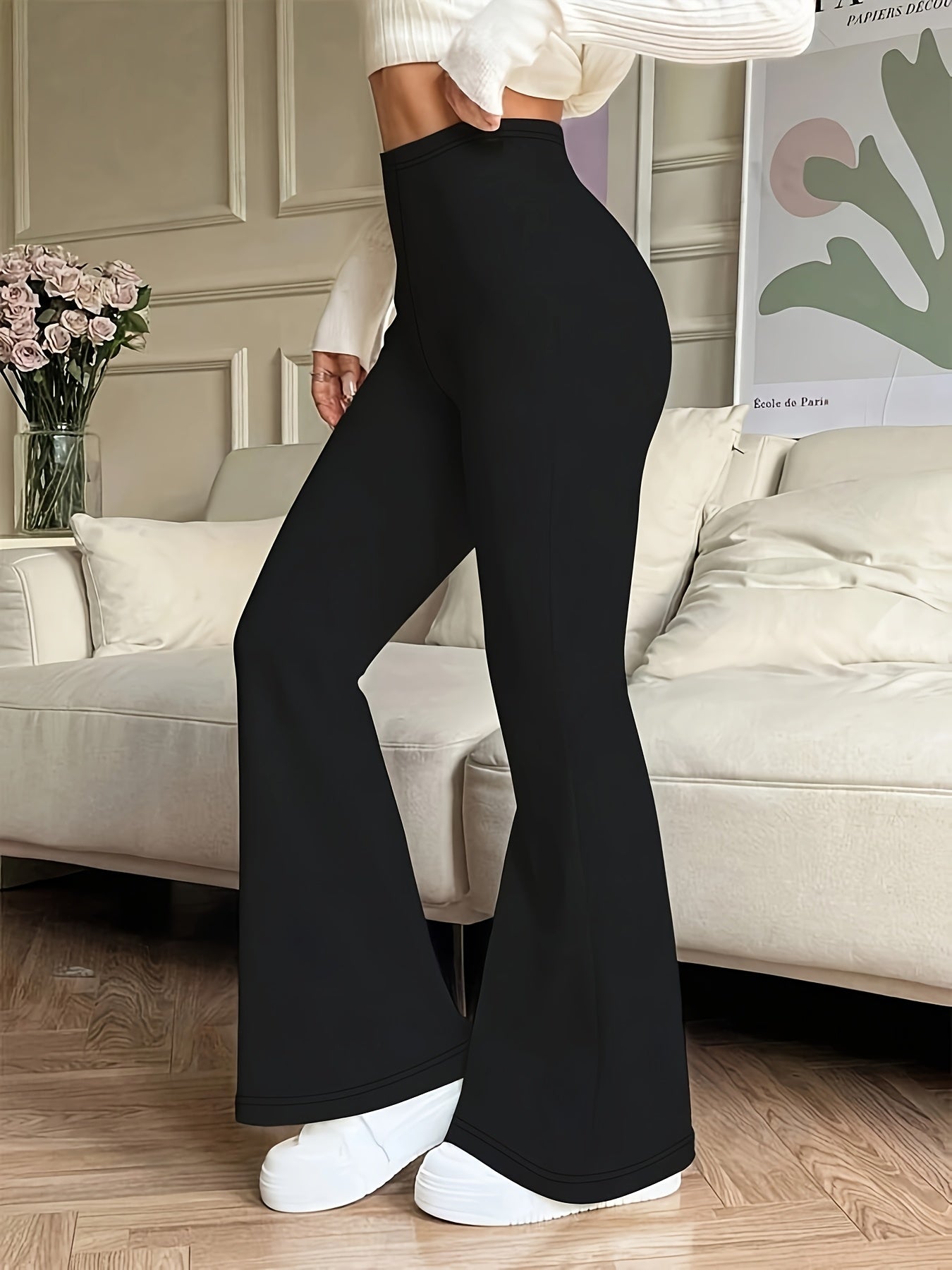 Women's High-Waisted Flared Pants - Solid Color High Elasticity Trousers, All-Season Comfort & Machine Washable, Versatile Casual & Formal Wear for Office, Errands, Social Gatherings, Ladies Pants