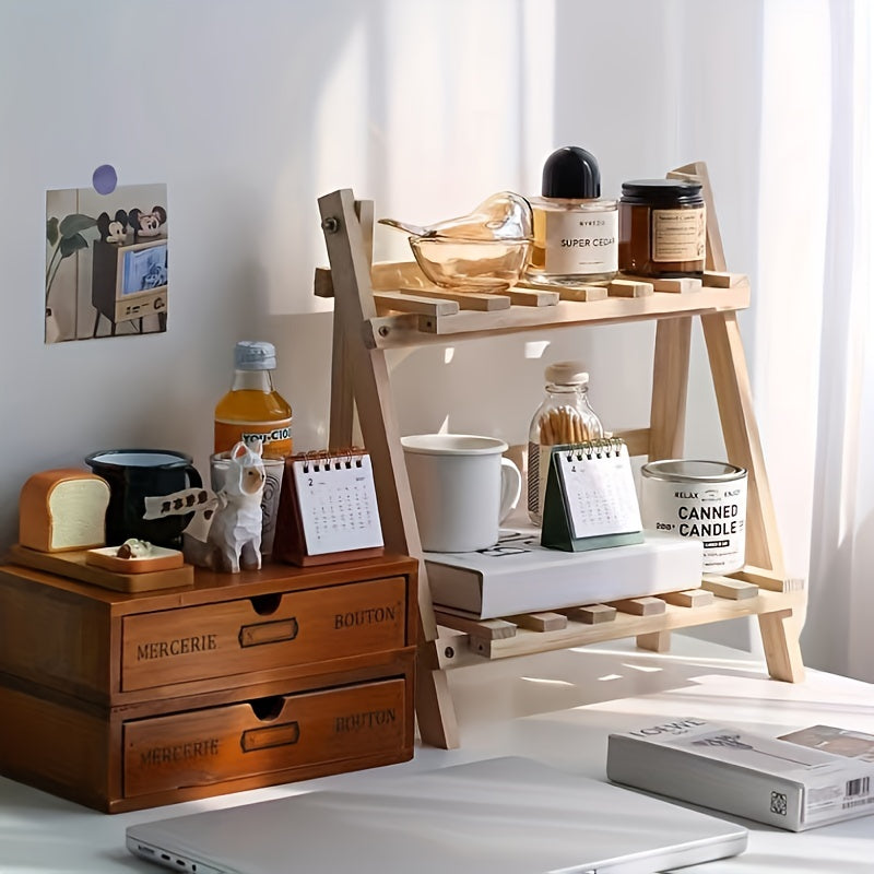 1pc Wooden Storage Shelf, 2-Tiers Desktop Organizer Shelves, Trapezoidal Desk Display Rack, Desktop Stationary Office Storage Rack, Stylish Decoration For Dorm, Home, School, Office, Etc Desk Storage Organization
