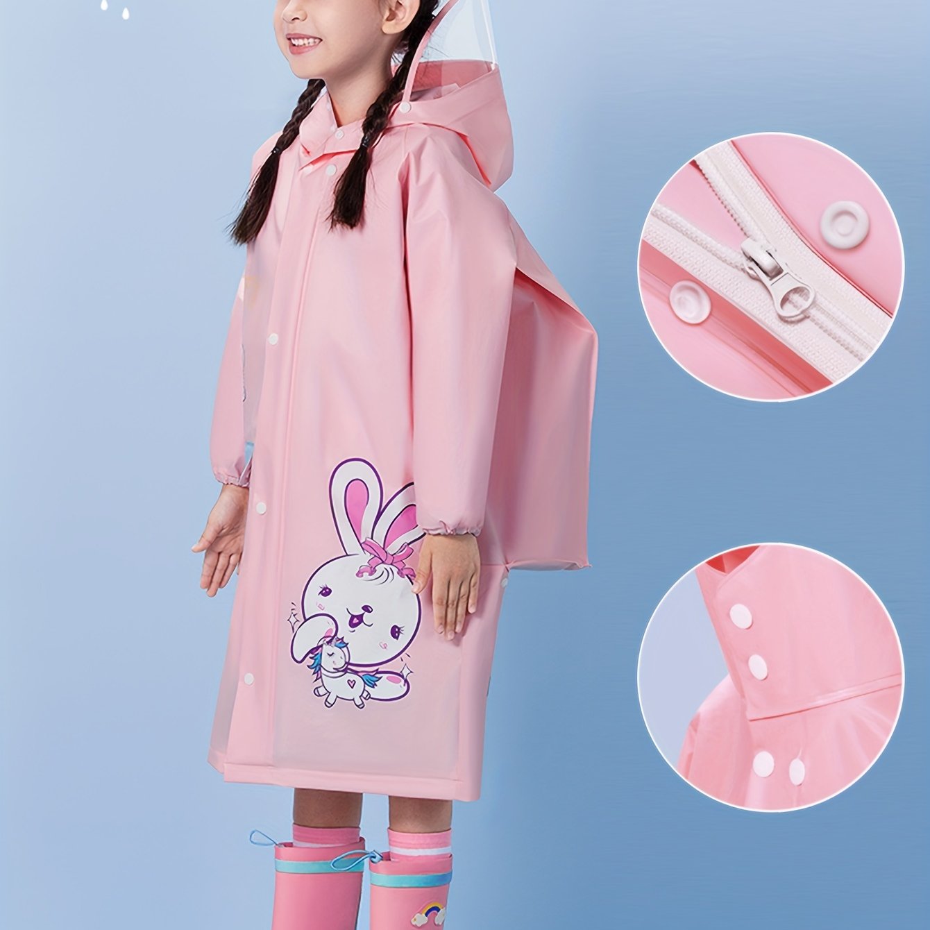Girls' Cute Cartoon Rabbit Print Hooded Raincoat with Backpack Pocket - All-Season High Quality Jacket, Loose Fit Long Sleeve Pink Rain Gear for Outdoor Play, School & Parties