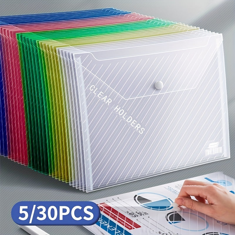 5/30pcs, A4 File Bag, Clear Plastic, Large Capacity And Snapshot Button, Perfect For School Office And Home