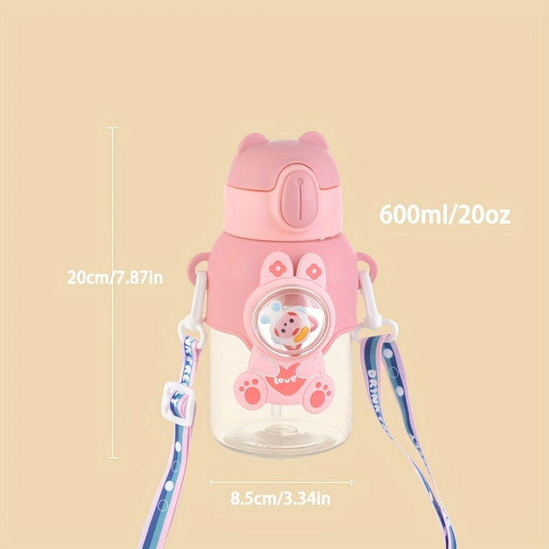 1pc 600ml/20oz Cute Cartoon Leak-Resistant Outdoor Water Bottle with Straw and Carrying Strap - Portable, BPA-Free, Durable, Easy-to-Clean Design for School, Travel, Sports, and Daily Use