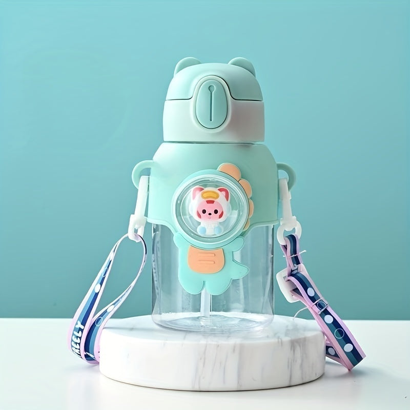1pc 600ml/20oz Cute Cartoon Leak-Resistant Outdoor Water Bottle with Straw and Carrying Strap - Portable, BPA-Free, Durable, Easy-to-Clean Design for School, Travel, Sports, and Daily Use