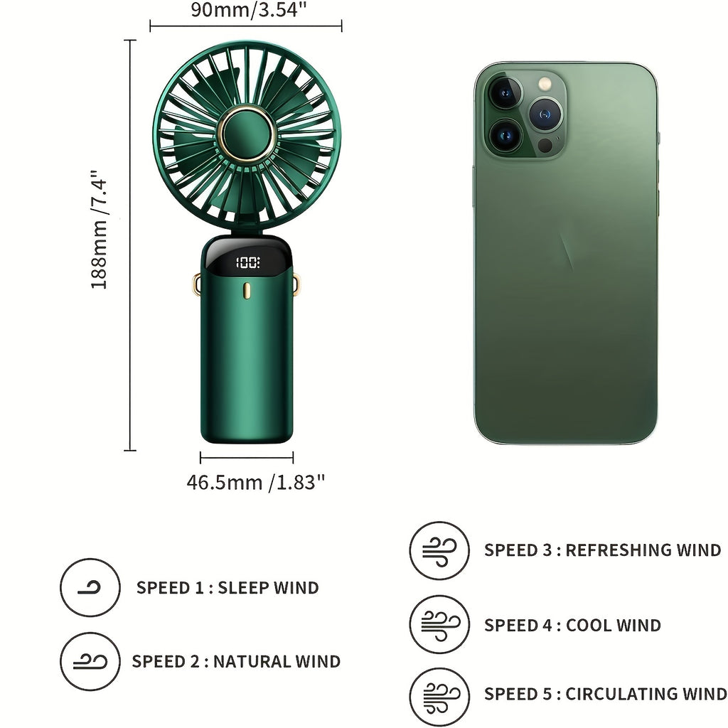 1pc Compact Handheld Fan - USB Rechargeable, 5-Speed, Foldable Design with LED Display - Ideal for Office, Outdoor Travel, & Back to School