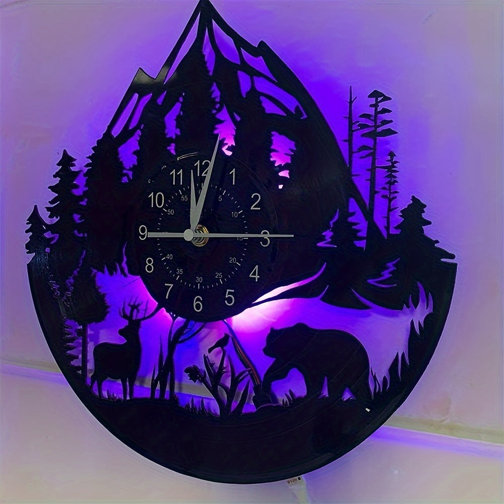 1pc Vinyl Record Wall Clock, Forest Wildlife Theme Wall Clock, Silent Clock, For Birthday, For Living Room Bedroom, Room Home Decor, Kitchen Office Decor, Mother's Day Spring School Season Graduation Gift